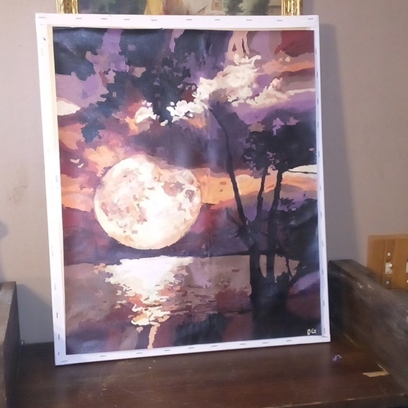 Hand Painted Moon Set On Canvas No Frame - 18.5"X22.5" - Picture 1 of 5